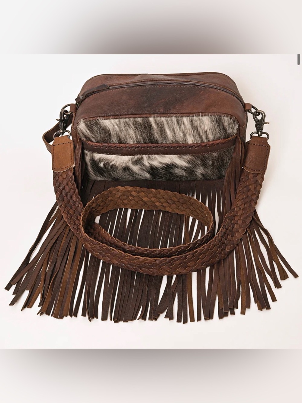 Western Bag Brown Leather Fringe Crossbody Bag with Haircalf Accent